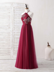 Bridesmaid Dress Colors Scheme, Burgundy Tulle Beads Long Prom Dress Burgundy Evening Dress