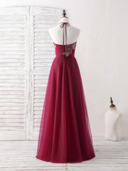 Bridesmaid Dress Color Scheme, Burgundy Tulle Beads Long Prom Dress Burgundy Evening Dress