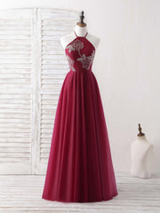 Bridesmaid Dresses Color Scheme, Burgundy Tulle Beads Long Prom Dress Burgundy Evening Dress