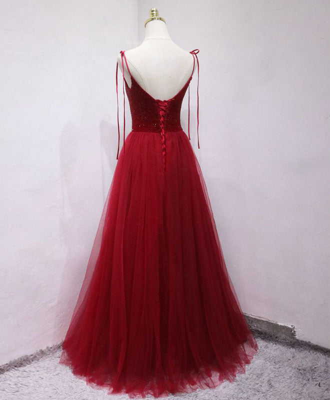 Homecoming Dress Floral, Burgundy tulle beads long prom dress, burgundy tulle formal dress
