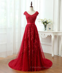 Bridal Shoes, Burgundy tulle lace applique long prom dress, burgundy evening dress