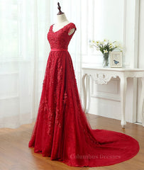 Ball Dress, Burgundy tulle lace applique long prom dress, burgundy evening dress