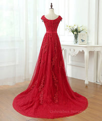 Spring Wedding Color, Burgundy tulle lace applique long prom dress, burgundy evening dress