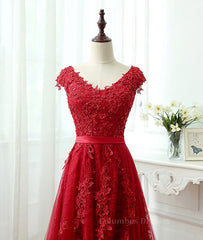 Mismatched Bridesmaid Dress, Burgundy tulle lace applique long prom dress, burgundy evening dress