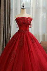 Formal Dresses For Winter Wedding, Burgundy Tulle Lace Long Prom Dress, Burgundy A-Line Evening Gown