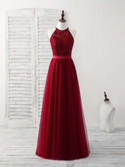 Bridesmaid Dress Long Sleeve, Burgundy Tulle Lace Long Prom Dress, Burgundy Bridesmaid Dress