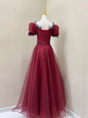 Fantasy Dress, Burgundy Tulle Lace Long Prom Dress, Burgundy Evening Dress
