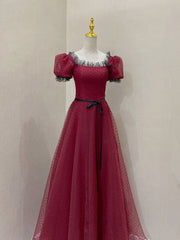 Party Dress Beige, Burgundy Tulle Lace Long Prom Dress, Burgundy Evening Dress