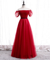 Evening Dresses Stores, Burgundy Tulle Lace Long Prom Dress Burgundy Formal Dress