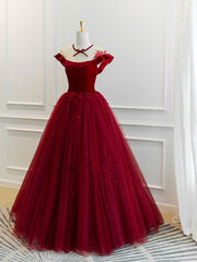 Homecoming Dress Under 55, Burgundy tulle lace long prom dress, burgundy tulle evening dress