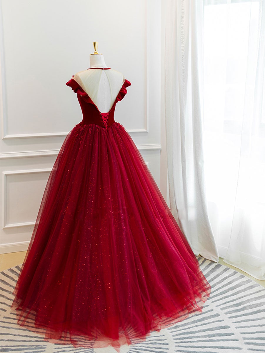 Homecomming Dresses Cute, Burgundy tulle lace long prom dress, burgundy tulle evening dress