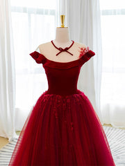 Homecoming Dresses Cute, Burgundy tulle lace long prom dress, burgundy tulle evening dress
