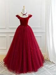Homecoming Dresses Under 55, Burgundy tulle lace long prom dress, burgundy tulle evening dress