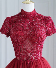 Prom Dress Prom Dress, Burgundy Tulle Lace Long Prom Dress, Tulle Lace Evening Dress