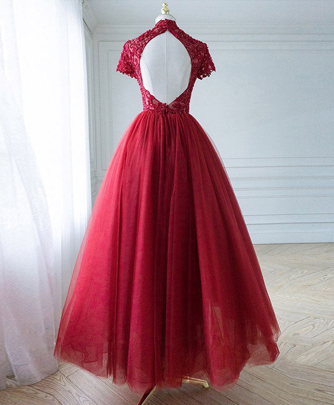 Prom Dress Under 205, Burgundy Tulle Lace Long Prom Dress, Tulle Lace Evening Dress