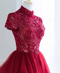 Prom Dresses 2025, Burgundy Tulle Lace Long Prom Dress, Tulle Lace Evening Dress