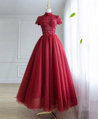 Prom Dress Shop, Burgundy Tulle Lace Long Prom Dress, Tulle Lace Evening Dress
