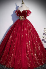 Prom Dresses For Short People, Burgundy Tulle Long A-Line Ball Gown, Off the Shoulder Evening Party Dress
