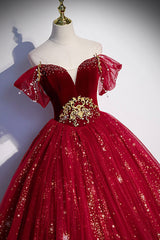 Prom Dress Shorts, Burgundy Tulle Long A-Line Ball Gown, Off the Shoulder Evening Party Dress