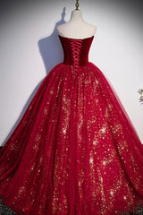 Prom Dressed Short, Burgundy Tulle Long A-Line Ball Gown, Off the Shoulder Evening Party Dress