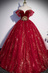 Prom Dresses Pieces, Burgundy Tulle Long A-Line Ball Gown, Off the Shoulder Evening Party Dress