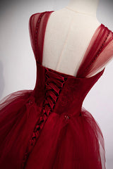 Evening Dresses Elegant Classy, Burgundy Tulle Long A-Line Evening Dress, Off the Shoulder Formal Party Dress