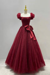 Evening Dress Red, Burgundy Tulle Long A-Line Prom Dress, Lovely Evening Graduation Dress