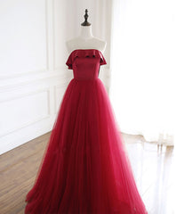 Formal Dress Boutiques Near Me, Burgundy Tulle Long Prom Dress, A line Burgundy Formal Party Dress