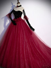 Red Dress, Burgundy  Tulle Long Prom Dress A line Burgundy Graduation Dresses