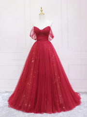 Dressy Outfit, Burgundy Tulle Long Prom Dress, Burgundy Evening Dress