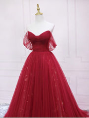 Modest Dress, Burgundy Tulle Long Prom Dress, Burgundy Evening Dress