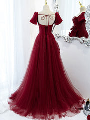 Night Club Outfit, Burgundy Tulle Long Prom Dress, Burgundy Tulle Evening Dress