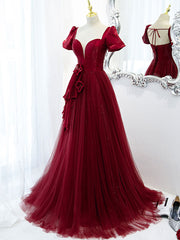Prom Aesthetic, Burgundy Tulle Long Prom Dress, Burgundy Tulle Evening Dress