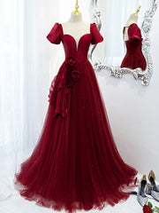 Chic Dress Classy, Burgundy Tulle Long Prom Dress, Burgundy Tulle Evening Dress