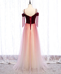 Evening Dresses V Neck, Burgundy Tulle Long Prom Dress Burgundy Tulle Formal Dress