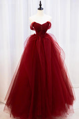 Prom Dress Sweetheart, Burgundy Tulle Long Prom Dress with Beaded, Burgundy Off Shoulder Evening Dress