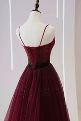 Prom 2026, Burgundy Tulle Long Prom Dress with Beaded, Spaghetti Straps Evening Dress