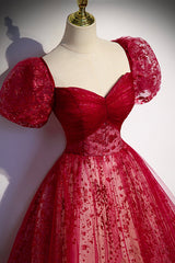 Formal Dresses Floral, Burgundy Tulle Long Prom Dress with Sequins, A-Line Short Sleeve Evening Dress