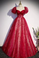 Formal Dress For Graduation, Burgundy Tulle Long Prom Dress with Sequins, A-Line Short Sleeve Evening Dress