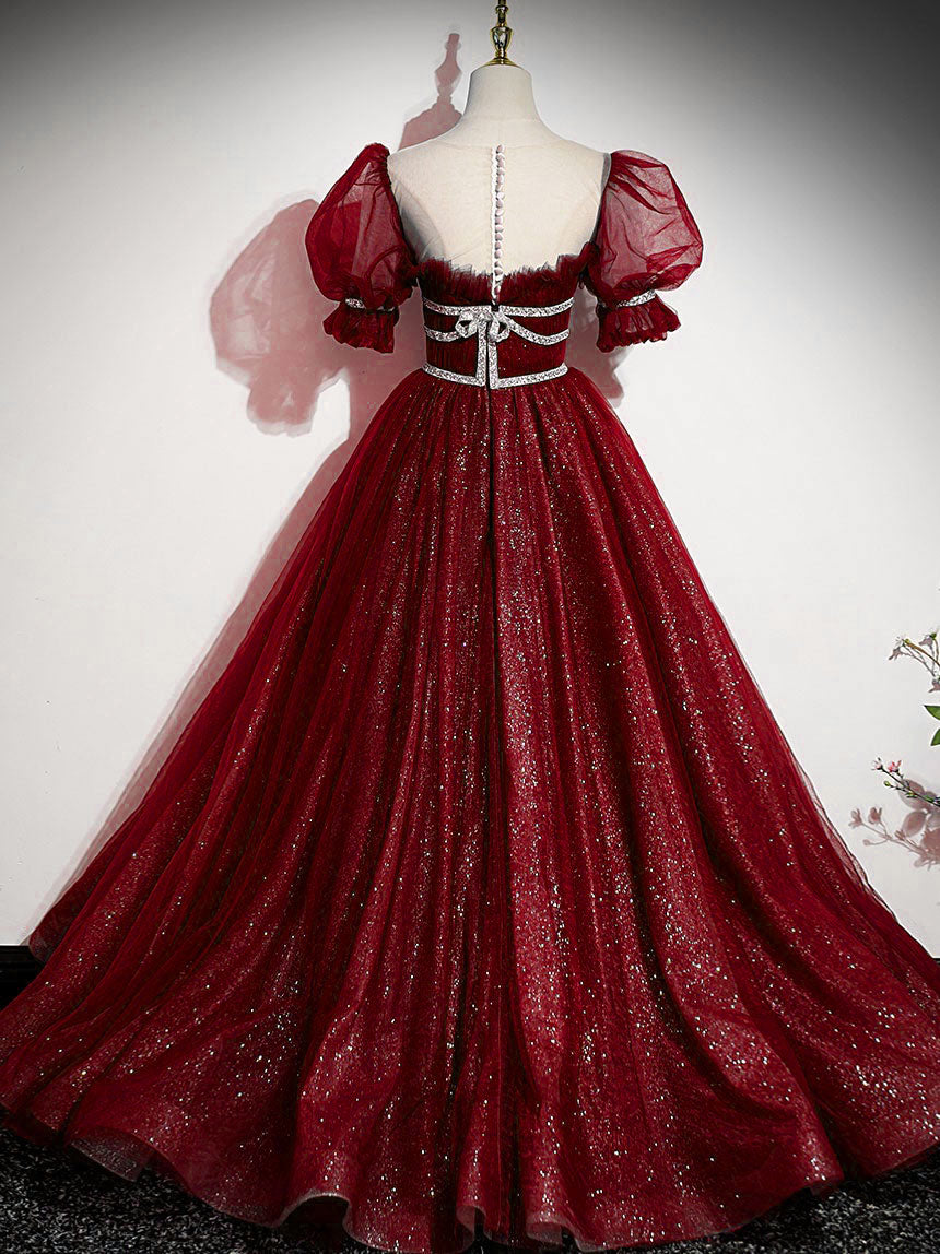 Party Dress Website, Burgundy Tulle Sequin Long Prom Dress, Burgundy Formal Evening Dresses