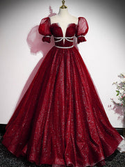 Party Dress For Teens, Burgundy Tulle Sequin Long Prom Dress, Burgundy Formal Evening Dresses
