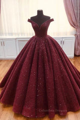 Evening Dresses Off The Shoulder, Burgundy tulle sequin long prom dress, burgundy long evening dress