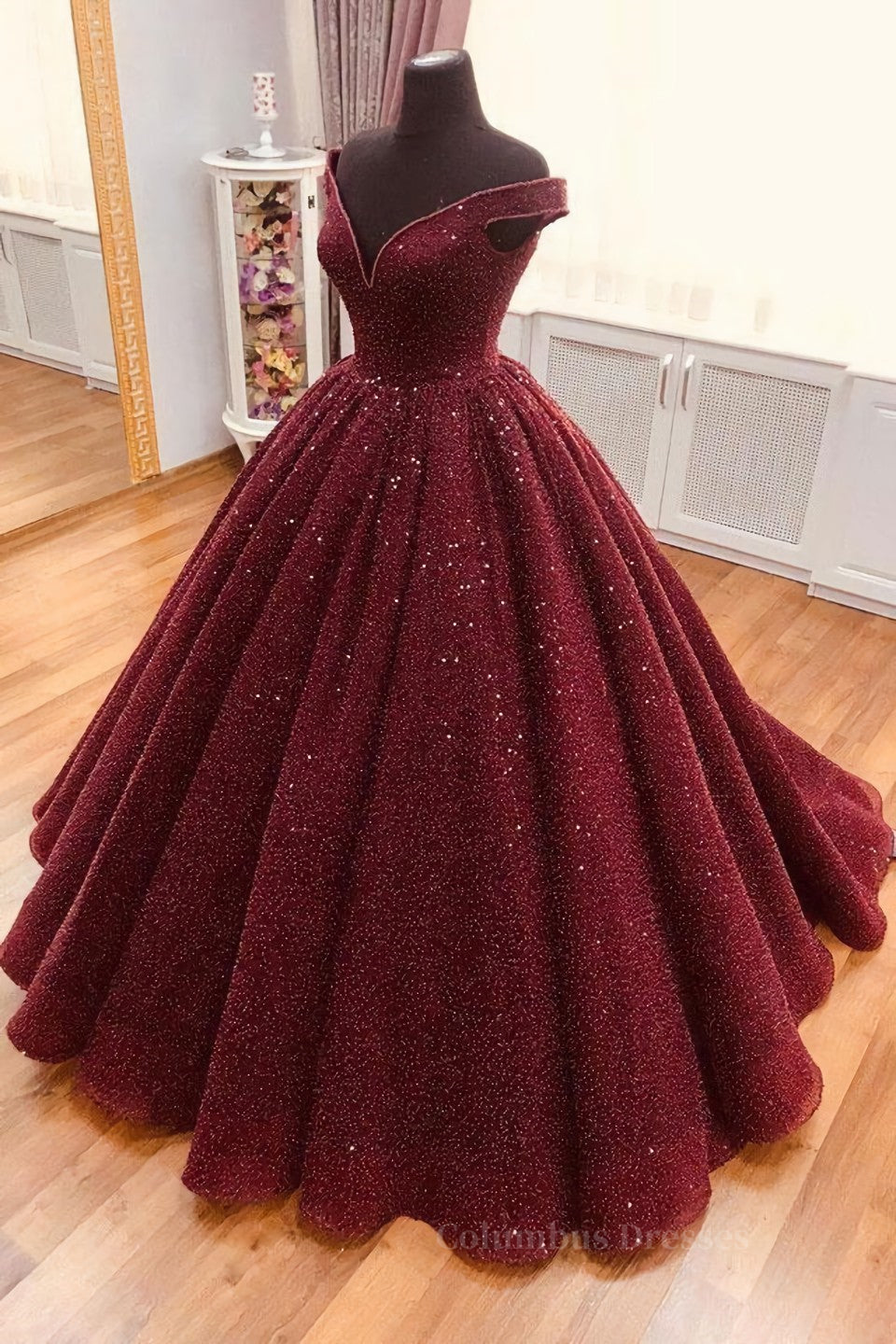 Evening Dresses Midi, Burgundy tulle sequin long prom dress, burgundy long evening dress