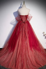 Prom Dress Ideas, Burgundy Tulle Strapless Floor Length Prom Dress, A-Line Evening Graduation Dress