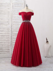 Prom Dresses Red, Burgundy Tulle Sweetheart Neck Long Prom Dress, Burgundy Evening Dress