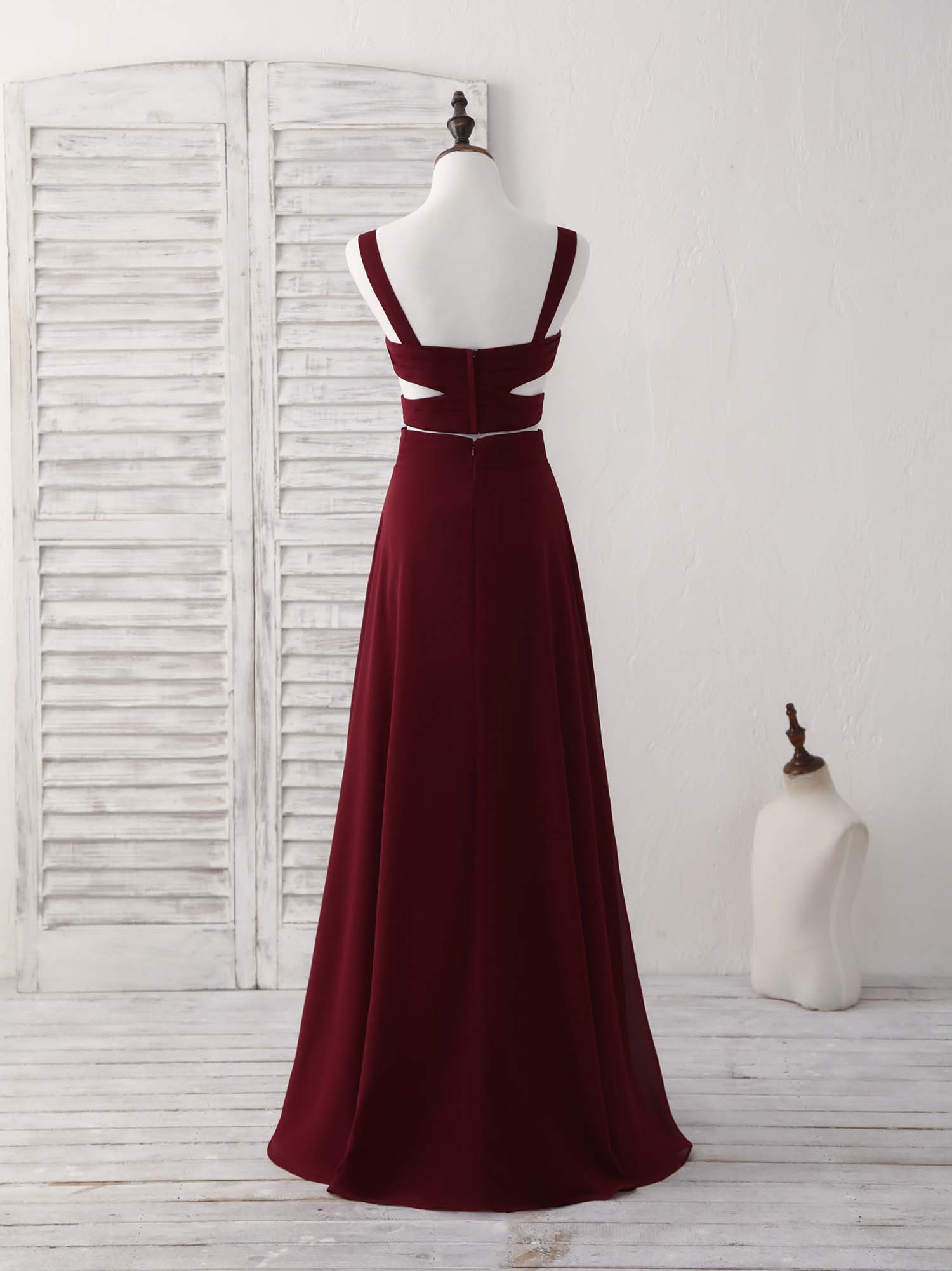 Bridesmaid Dress On Sale, Burgundy Two Pieces Chiffon Long Prom Dress, Evening Dress