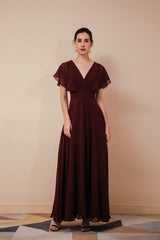 Party Dresses For Ladies 2044, Burgundy V-Neck Chiffon A Line Long Prom Dresses