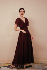Party Dresses Night Out, Burgundy V-Neck Chiffon A Line Long Prom Dresses