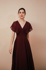 Party Dresses For 36 Year Olds, Burgundy V-Neck Chiffon A Line Long Prom Dresses