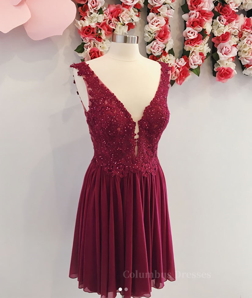 Party Dress Renswoude, Burgundy v neck chiffon lace short prom dress, homecoming dress